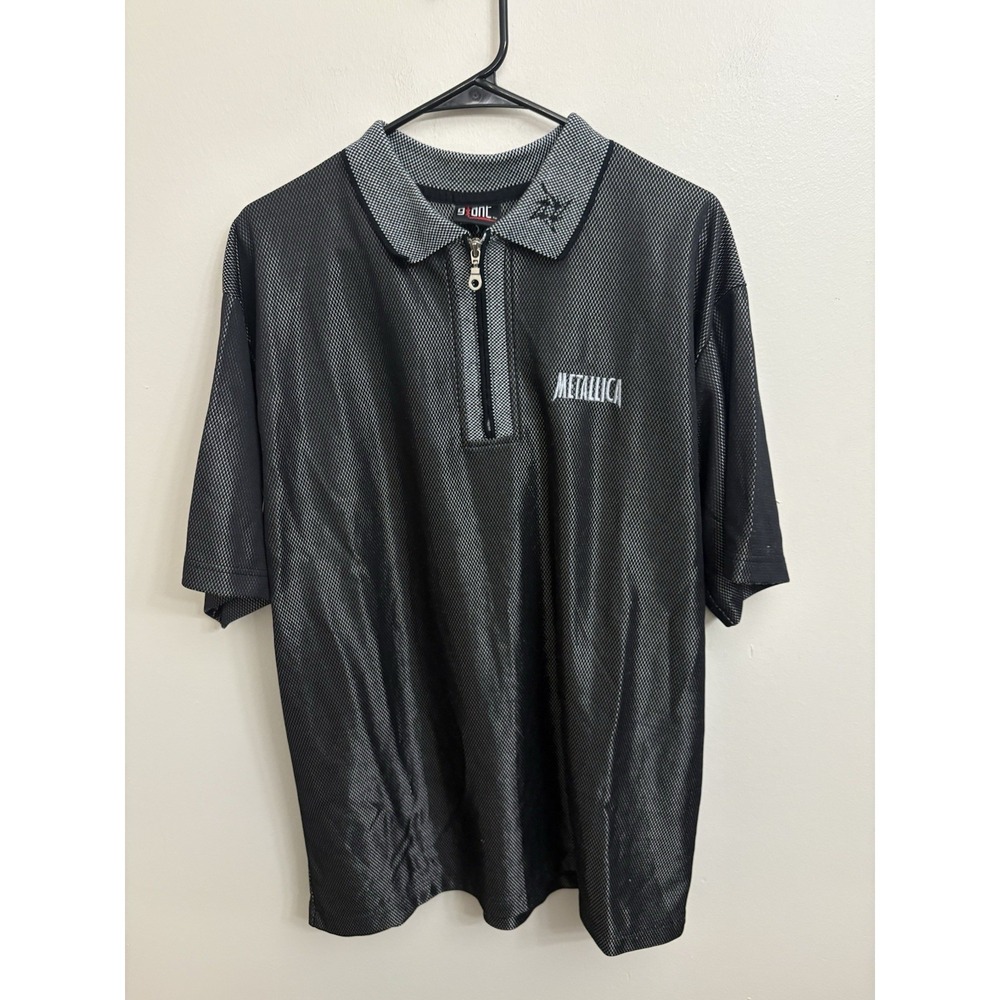 VINTAGE Metallica Silver Black Polo Shirt Sewn Logo Size XL Giant Brand 1996